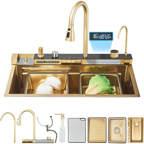 Évier de Cuisine Cascade Multifonction or brossé en acier inoxydable ,Evier de cuisine Affichage numérique Grand évier simple Évier à vaisselle avec robinet de cuisine,évier carré or brossé