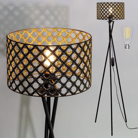 Vintage Industrial Style LED Tripod Floor Lamp with Openwork Lampshade, Dimmable with Rotary Switch, Floor Light for Living Room (1/5)