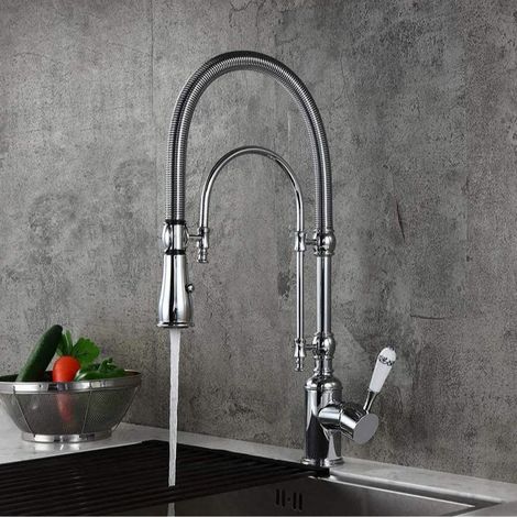 Robinet de cuisine multifonction à ressort coulissant pour usage domestique, finition dorée brossée, eau chaude et froide -Chromé (1/5)