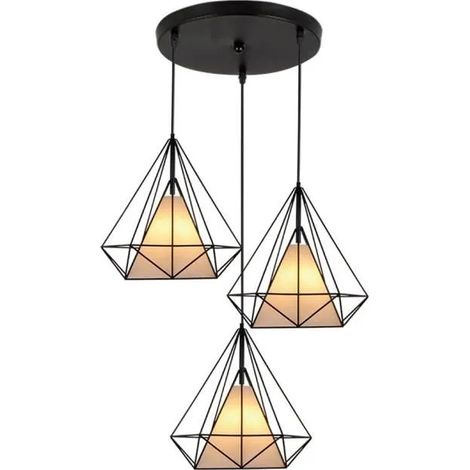 U-Do E27 Rétro Lustre Suspension LED 40W Cage Diamant Métal Industrielle Luminaire Noir (1/4)