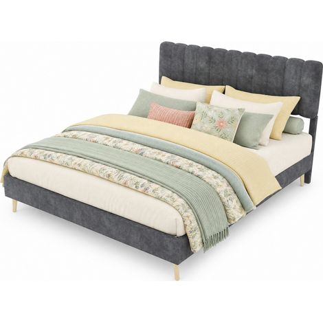 Lit double 160x200 cm en velours gris, tête de lit rembourrée, cadre bas moderne, structure métal et bois, montage facile, sans matelas, de CHICFURN (1/5)