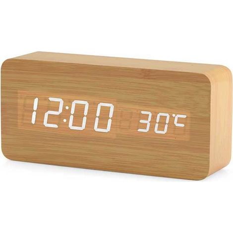 Horloge Numérique en Bois - Réveil à LED Multifonctions avec Affichage De L'heure/De La Date/De La Température Et Commande Vocale pour Le Voyage à Domicile，Couleur bois de bambou, une pièce
