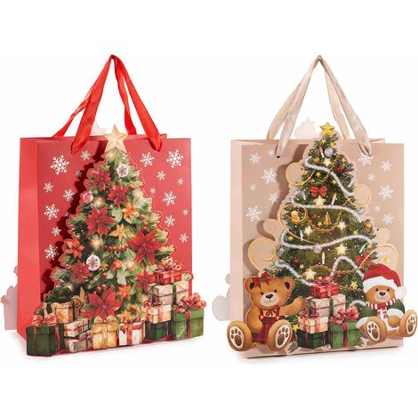 Sacchetti / buste di Natale di dimensione media realizzate in carta con decorazioni 3D con albero e orsetto, set da 12 pezzi, cm 20 x 10 x 25 H