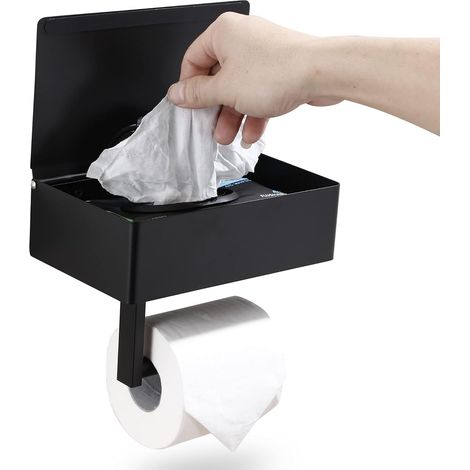 Large toilet paper holder with shelf, wipes dispenser and storage, suitable for all bathrooms - wall-mounted stainless steel shelf - matte black (1/2)