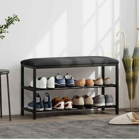 Panca portascarpe con seduta imbottita e 2 ripiani aperti 81 x 31 x 50 cm nera OKWISH (1/5)