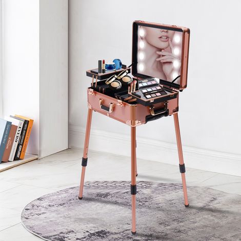 Trousse de maquillage, table de maquillage avec 4 roulettes, éclairage et miroir, station de maquillage professionnelle, panneau de recouvrement et plateaux extensibles faciles à nettoyer, pieds régla (1/5)