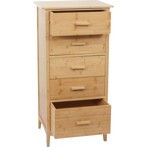 Commode en bambou HWC-M24, Armoire de salle de bains Armoire de salle de bains Étagère d'appoint, 5 tiroirs, 100x50x40cm (1/5)