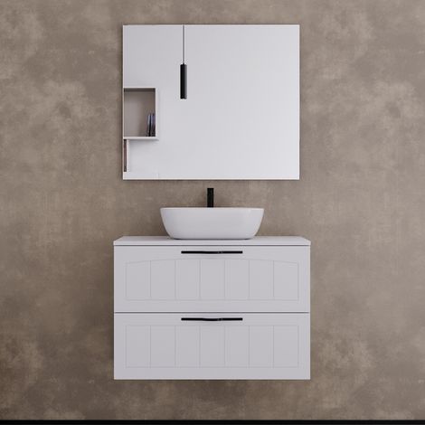Meuble de salle de bain 80cm avec plateau et vasque à poser ovale - 2 tiroirs - blanc - PIA (1/5)