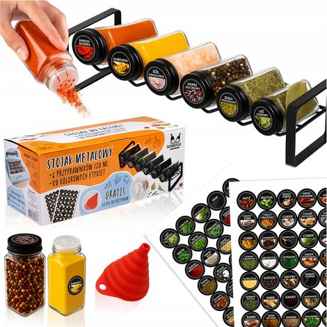 Schwarzer Metallständer FALA + 6 Gläser à 120 ml mit schwarzem Deckel und Sieb + 80 Etiketten + Trichter