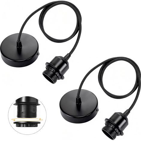 Lot de 2 suspensions E27 avec bague vissable, câble textile réglable 100cm, suspension compatible avec abat-jour, douille idéale pour suspension de cuisine(noir) (1/5)