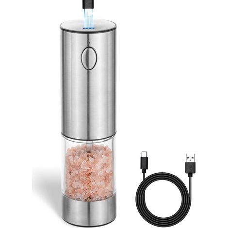 Moulin à sel et à poivre électrique, mécanisme de broyage en céramique en acier inoxydable réglable en continu, rechargeable par usb, avec fenêtre de visualisation (1/5)