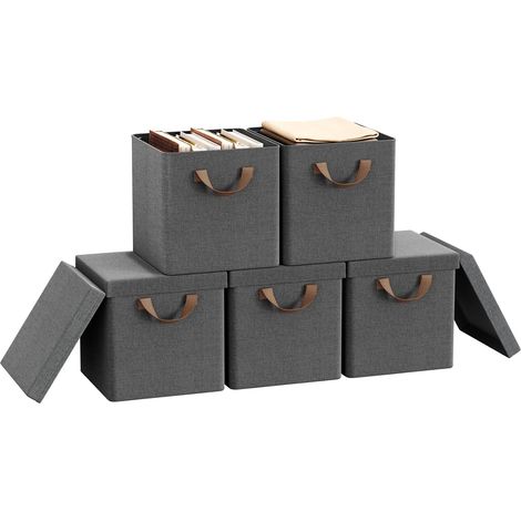 WOLTU 5x 34L Storage Boxes with Lids, Stackable Design Storage Chests Fabric, Grey