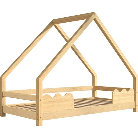 Cama infantil tipo casa 90 x 200 cm con barrera de seguridad de pino natural MODENUIT (1/5)