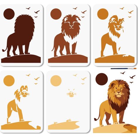 Pochoir Lion à Plusieurs Couches Réutilisable pour Peinture Paysage Soleil 5cm Oiseaux Rocher Modèle de Dessin avec Pinceau pour Décoration Murale Meubles Toile Scrapbooking (1/5)