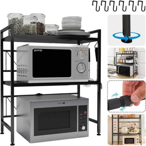 Étagère d'angle extensible 3 niveaux pour micro-ondes, dimensions 80 x 40 x 36,5 cm, rangement cuisine compact et ajustable (1/5)