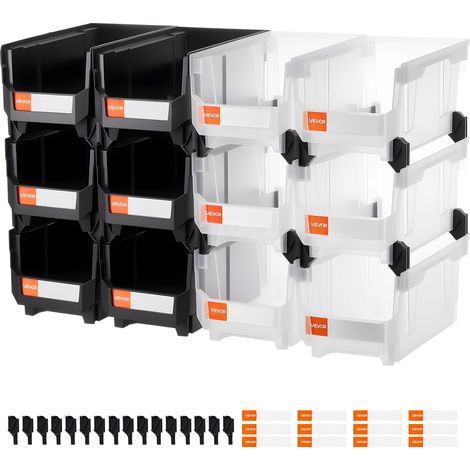 VEVOR Contenitori Impilabili in Plastica, 377 x 215 x 180 mm, 12 Pezzi, Contenitori in Plastica per Organizzare Oggetti in Armadio, Garage, Forniture per Ufficio, Altri Accessori, Nero e Trasparente