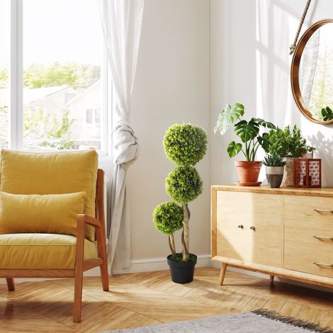 Planta artificial de boj con 3 bolas, planta artificial para uso interior y exterior con maceta incluida y base reforzada, altura 90 cm.
