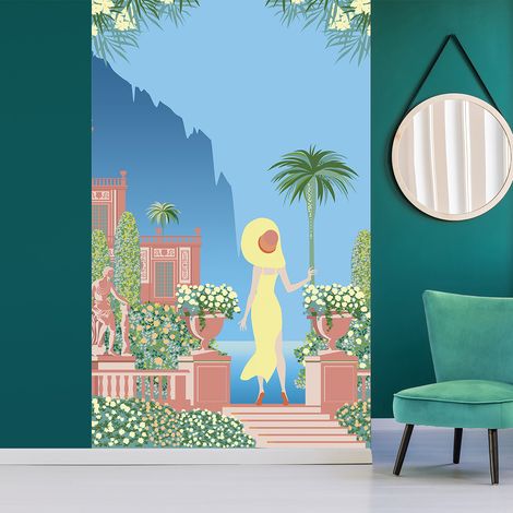 Papier peint intissé 250 cm X 150 cm, Femme en Tenue Jaune devant Paysage des Îles Grecques et Vue sur Mer (1/2)
