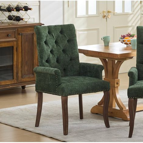 Chaise fauteuil de salle a manger en chenille, dossier capitonne, pieds en bois , 1 place, vert (1/5)