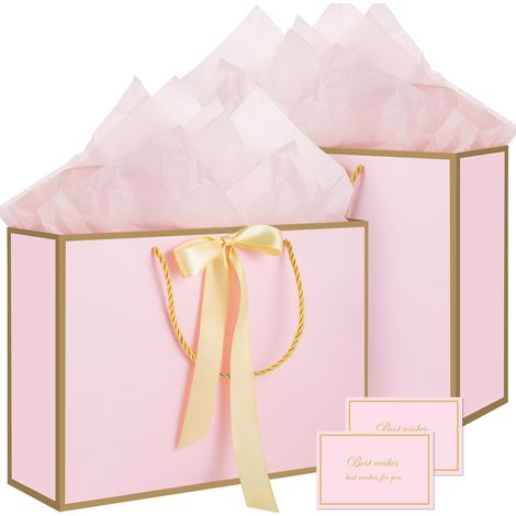 Sacs cadeaux roses avec anses woric, sacs cadeaux moyens 14 po avec papier de soie Lot de 2 sacs roses, 4 feuilles de papier de soie et 2 cartes, pour baby shower (1/5)