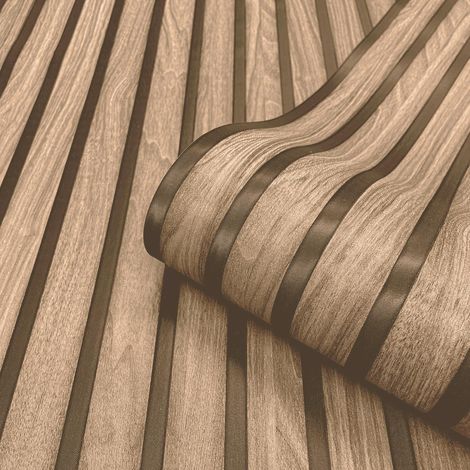 Wood Slat Effect Wallpaper Walnut Belgravia Textured Heavyweight Vinyl (1/2)