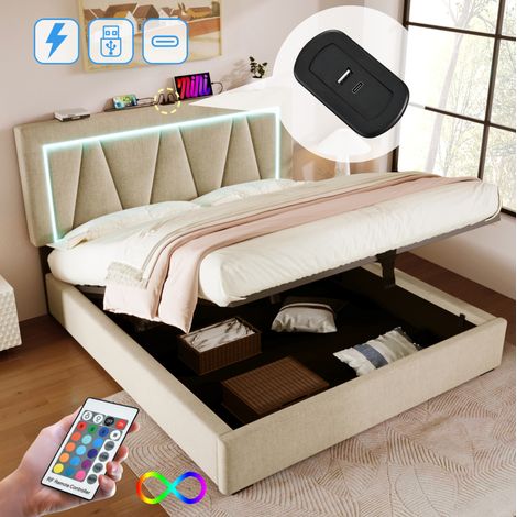 Beiges Leinenbett 140x200 cm mit LED, USB, Stauraum, ohne Matratze – MEUBLIV (1/5)