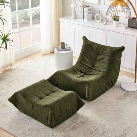 Lazy Sofa mit Rückenlehne und Fußhocker, Relaxsessel, Weicher Teddyfell-Bohnensack-Bodenlesesessel, Bequemer Einzel-Bodensofa für Wohnzimmer, Schlafzimmer, Arbeitszimmer, Apartment, Green