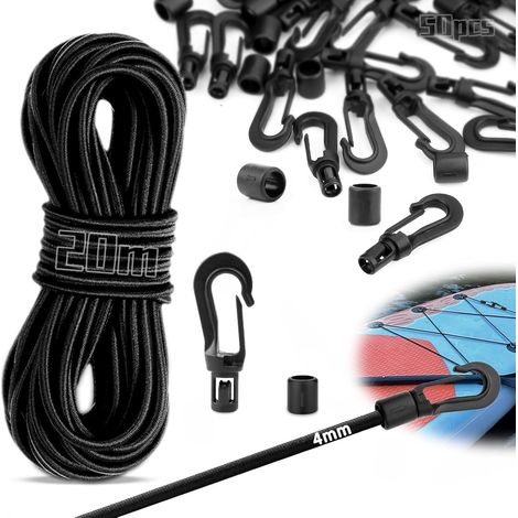 Corde en caoutchouc de 20 m de long et 4 mm avec 50 crochets en plastique noir - Cordon en caoutchouc avec crochet pour bâche de remorque, bâche de camping, bâche de piscine, corde à linge (1/5)