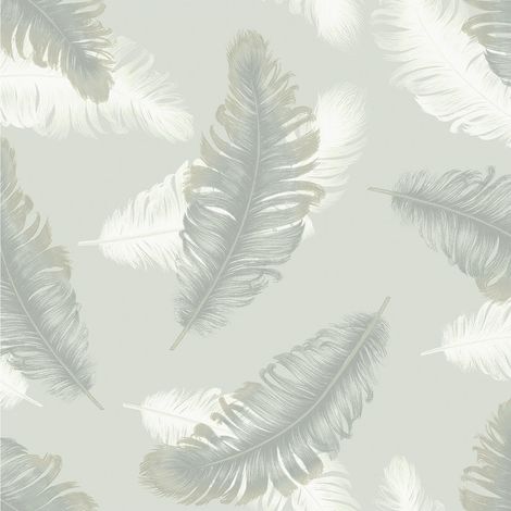 Feather Print Wallpaper Soft Sage Green Metallic Effect Feature Wall Living Room (1/4)
