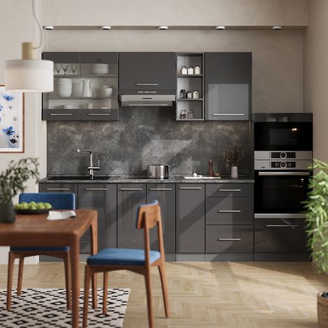 Cucina componibile Fame-Line, Antracite lucido, 280 cm , PL Marmo, Vicco