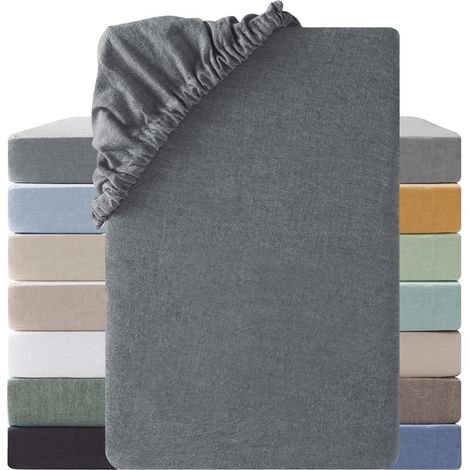 Drap Housse 180x200 Coton,Poches élastiques de 30 cm,100% Coton Lavé Texture Similaire à Celle du Lin Stone Washed Confortable Respirant Drap-Housse,Gris Foncé (1/5)