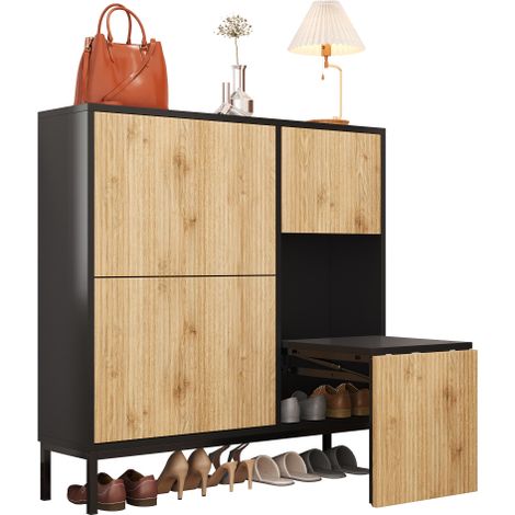 Scarpiera con sgabello per cambiarsi le scarpe, scarpiera con tre ante e ripiano aperto, adatta per corridoio e camera da letto. (1/5)