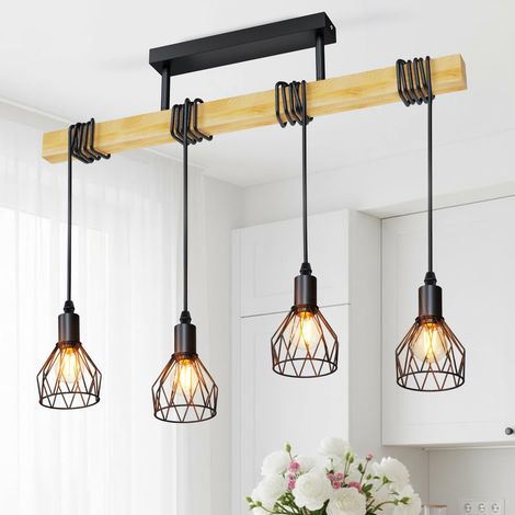Lustre Salon E14, Noir Luminaire Suspension Bois avec 4 Têtes, Lustre Salle a Manger 650MM, Suspension Luminaire Chambre avec Abat-jour en Forme de Filet Pour Salon(Sans ampoule) (1/5)