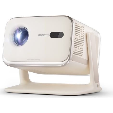 Aurzen BOOM Mini Vidéoprojecteur Intelligent Google TV Netflix, 4K Compatible, Dolby Audio, Autofocus et Correction Trapézoïdale, Beige