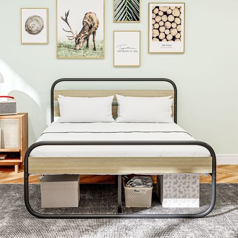 Mobilier Lit double 140 x 190 cm cadre de en acier style industriel tête de et sommier inclus aspect bois