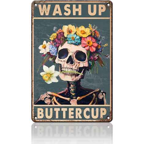 Plaque métallique de squelette, "Wash Up Buttercup" (Lave-toi, chérie) Plaque en étain vintage de crâne drôle pour l'art mural, la décoration de la maison, la salle de bain, les toilettes 20x30 cm (1/5)