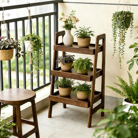 Étagère échelle en bois massif noyer, 3 niveaux autoportante, meuble de rangement ouvert pour salon, chambre, bureau ou coin lecture, table d'appoint compacte (1/5)