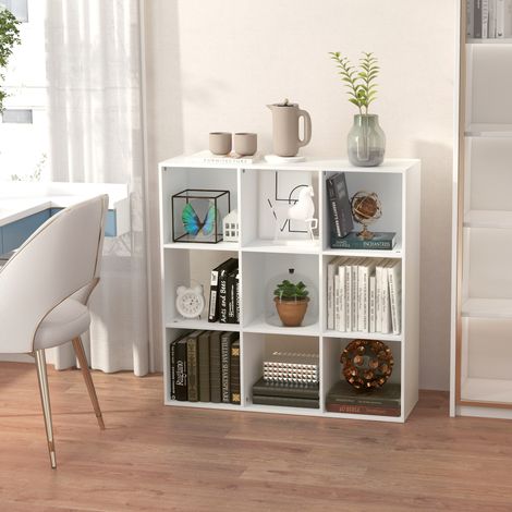 Libreria Bianca per Casa e Ufficio, Scaffale dal Design Moderno con 9 Scomparti in Legno,  91.5 x 29.5 x 91.5 cm