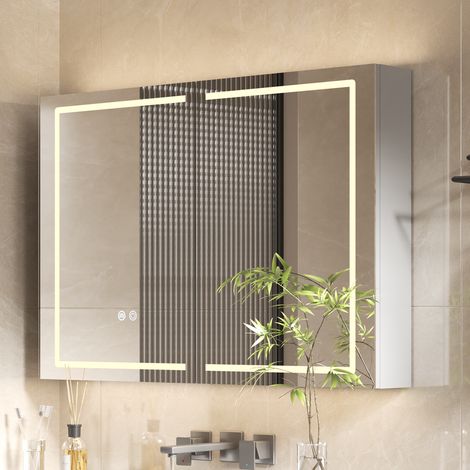 AquaWise Armoire de Toilette LED 10060cm Livrée MONTÉE  Miroir 2 Portes Premium avec Prise & USB, Anti-buée, Variateur LED 3000–6500K, Étagères Réglables Gris Clair
