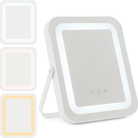 royaluxe -Miroir de maquillage carré 25x30CM, miroir de maquillage à éclairage rotatif à 360 °, 3 lumières et couls, fonction mémoire, support en métal, miroir de chambre à coucher (1/5)
