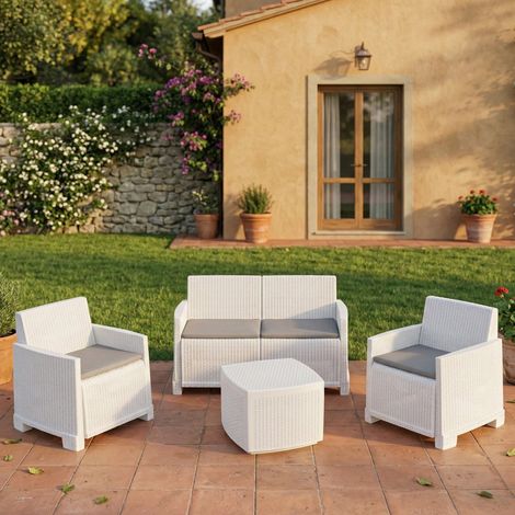 Dmora - Peschici Conjunto de salón de exterior, Conjunto de jardín con 2 sillones, 1 sofá y 1 mesa contenedor, Efecto Ratán con cojines, 100% Made in Italy, Blanco, con embalaje reforzado (1/3)