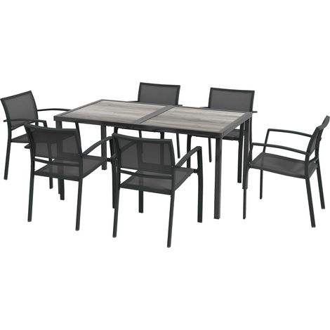 7-teiliges Gartenmöbelset mit Tisch und 6 Klappstühlen, epoxidbeschichtetes Metall und anthrazitfarbenes Textilene