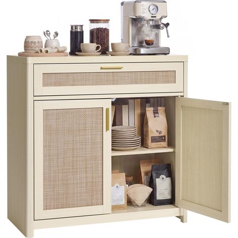 VASAGLE ELLAN Collezione - Credenza in Stile Boho con Ante Effetto Rattan, Mobile da Cucina, Angoli Arrotondati, Ripiano Regolabile, Cassetto, Sala da Pranzo, Beige Naturale BBK601LC01 (1/5)