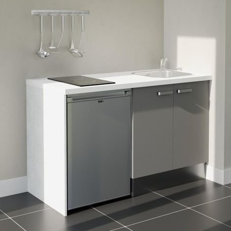 Kitchenette K17L-PT - 140 cm - plan stratifié, évier inox, - Façade Gris - Plan Blanc - Crédences Non + Electroménager inclus coloris Inox