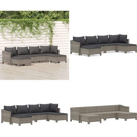 6-tlg. Garten-Lounge-Set mit Kissen Grau Poly Rattan - Rattan - Gartenmöbel (1/5)