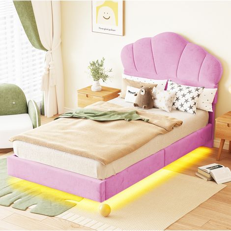 Letto bambini 90x200 cm con fascia LED, testiera a forma di conchiglia e piedini nascosti, rivestimento in velluto, senza materasso, rosa (1/5)