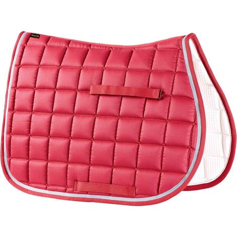 Pour en savoir plus :, Bordeaux 05: Dessous de selle anglais rectangulaire avec doublure en nid d'abeille terminé par un ruban contrastant. (1/2)