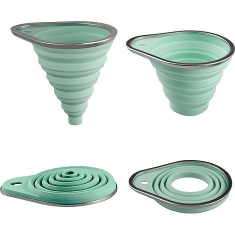 Lot de 2 entonnoirs pliables en silicone (grand + petit) – Entonnoir de cuisine pliable avec bord en acier métallique pour huile, bière et transfert de liquide alimentaire (vert) (1/5)
