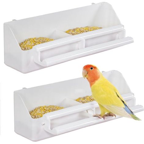 2 mangiatoie a gabbia in plastica da appendere con ganci, abbeveratoi per uccelli con posatoi, ciotole per bere e mangiare per pappagallini ondulati e calopsitte. (1/5)