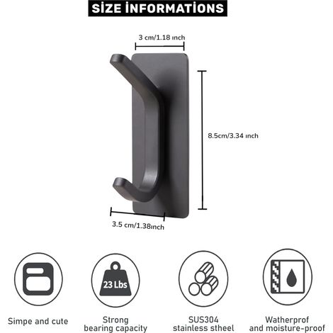Crochets muraux adhésifs noirs pour vestes et serviettes charge 5,9 kg lot de 4 pièces (1/5)